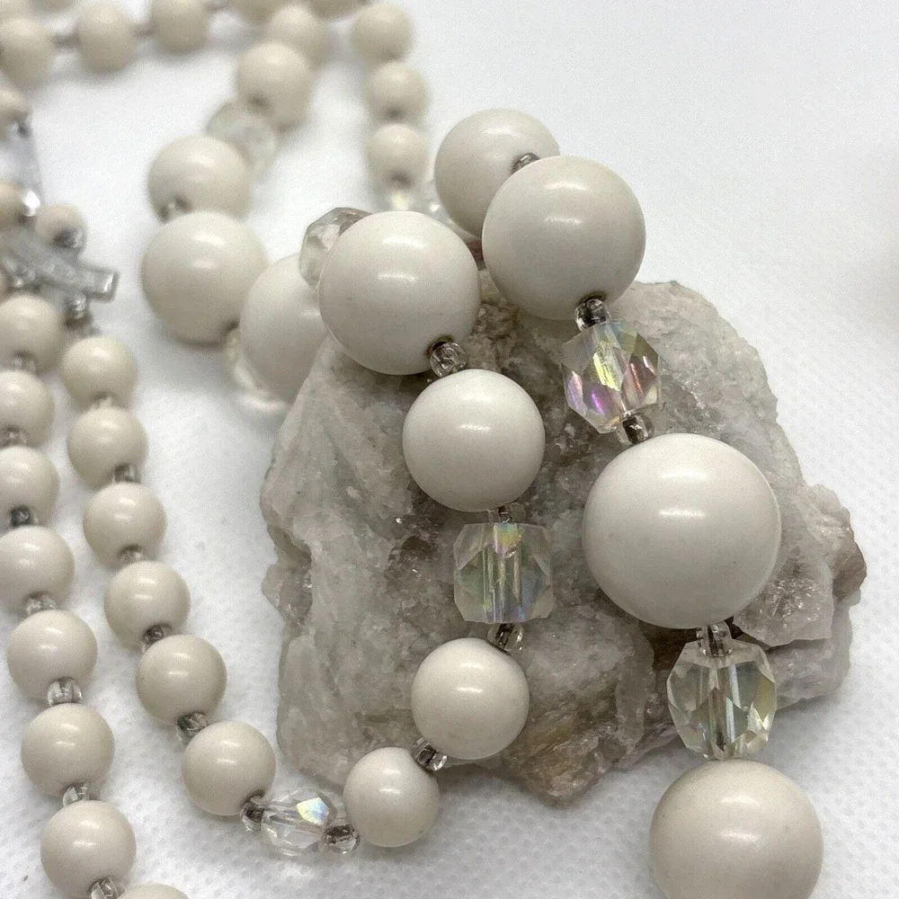 Vintage Japan White Beaded 2‎ Strand Graduated Bead 14 - 16'' Choker Necklace
